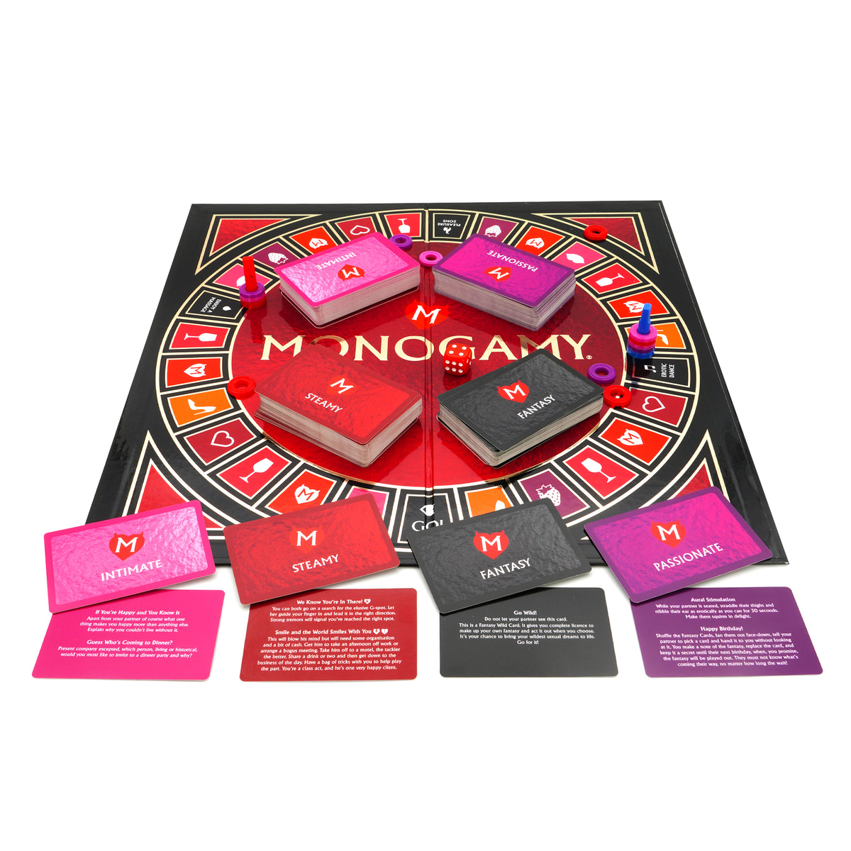 Monogamy game board with example Intimate, Passionate, Steamy and Fantasy cards laid out in front