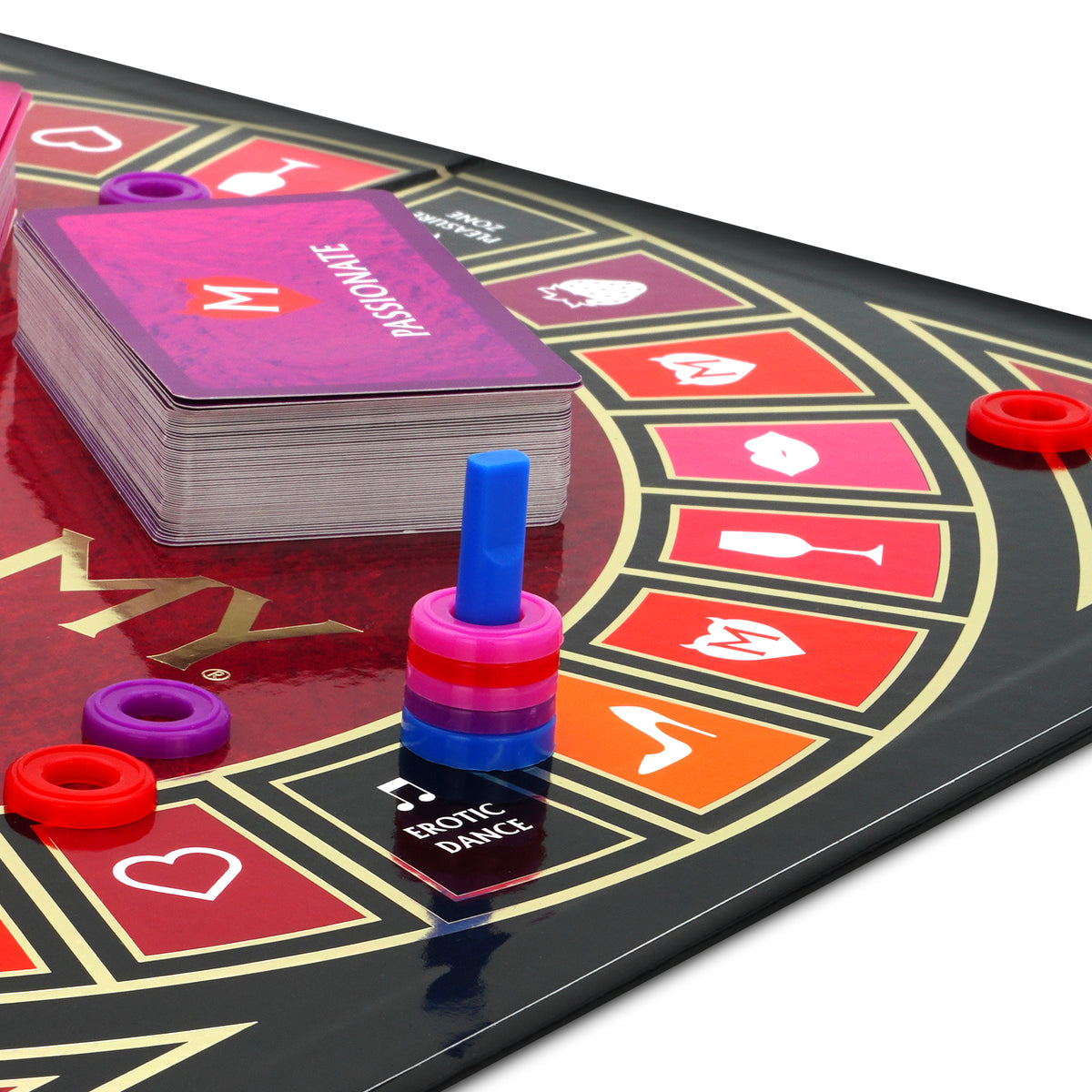 Close-up of the Monogamy board squares with stacked level pieces and play pieces
