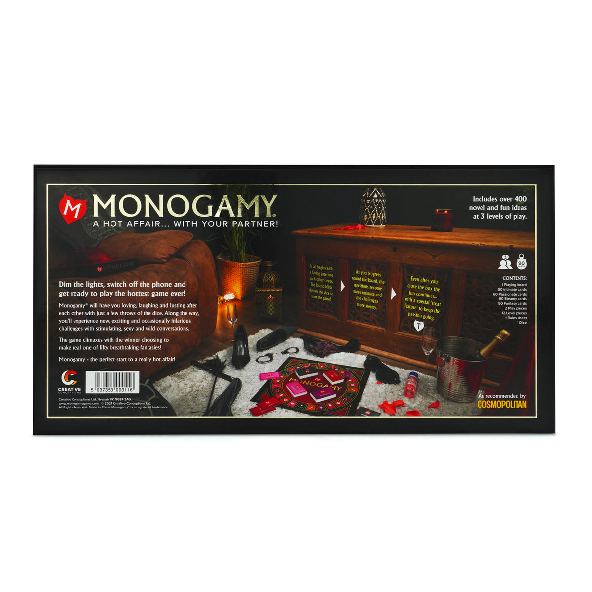 Back of the Monogamy box listing contents: board, 180 level cards, 50 Fantasy cards, pieces and dice