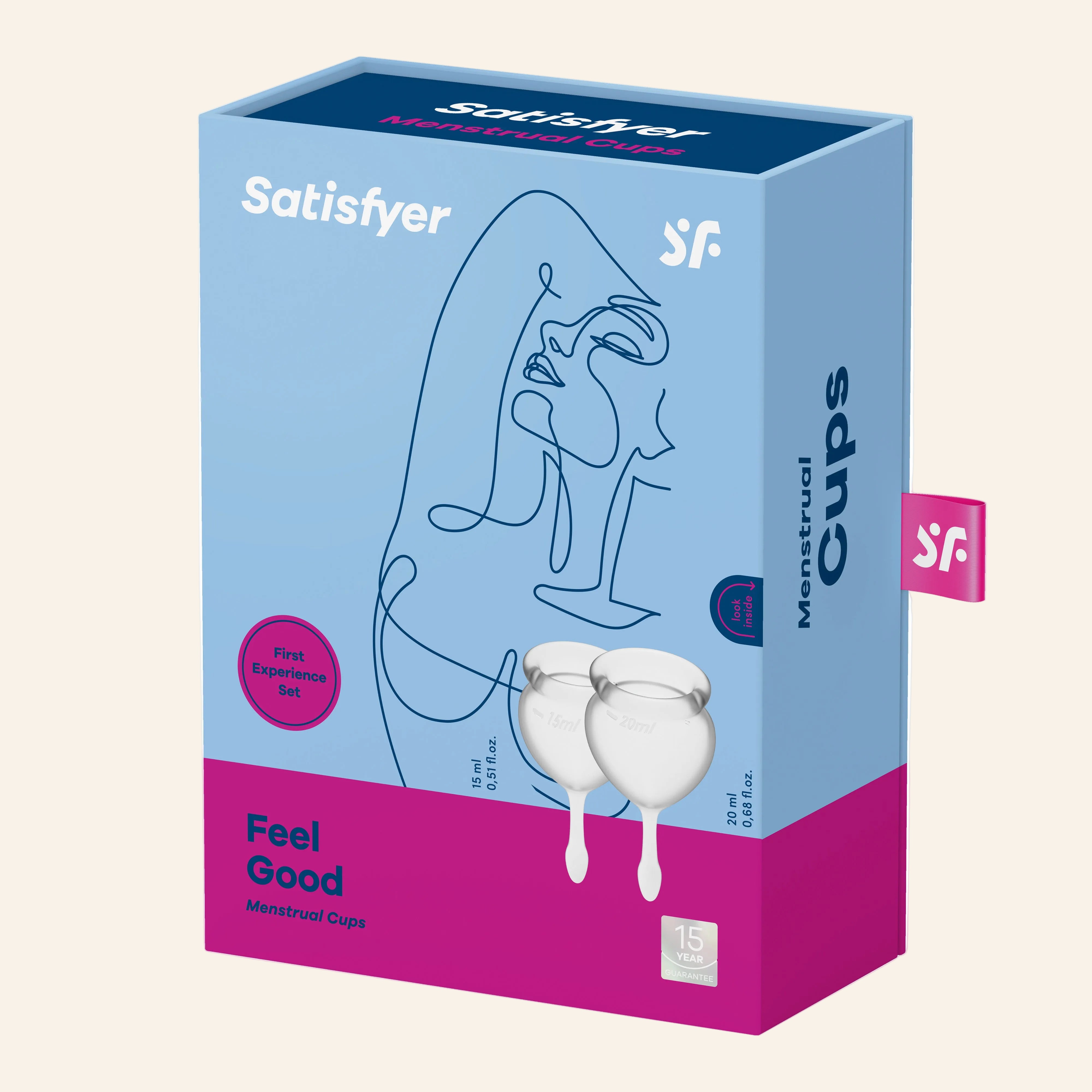 Satisfyer Menstrual Cups packaging with blue and pink design on a white background