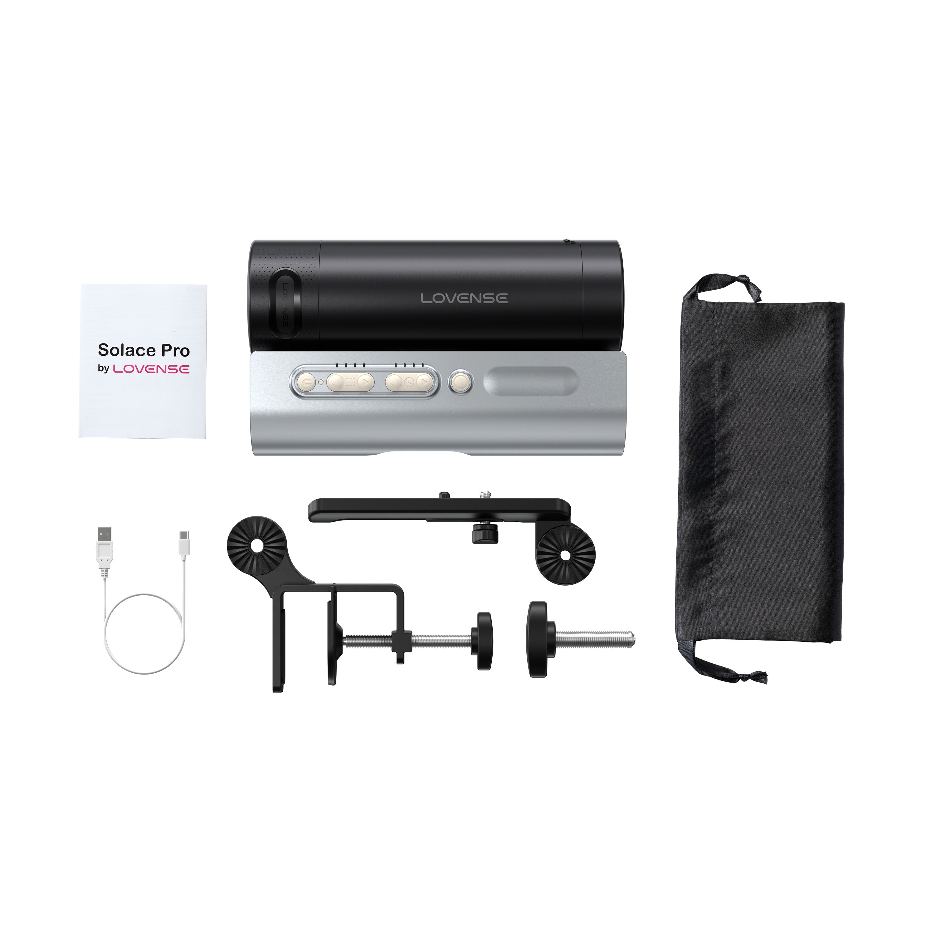 Lovense Solace Pro accessories: sleeve, charger and desk mount