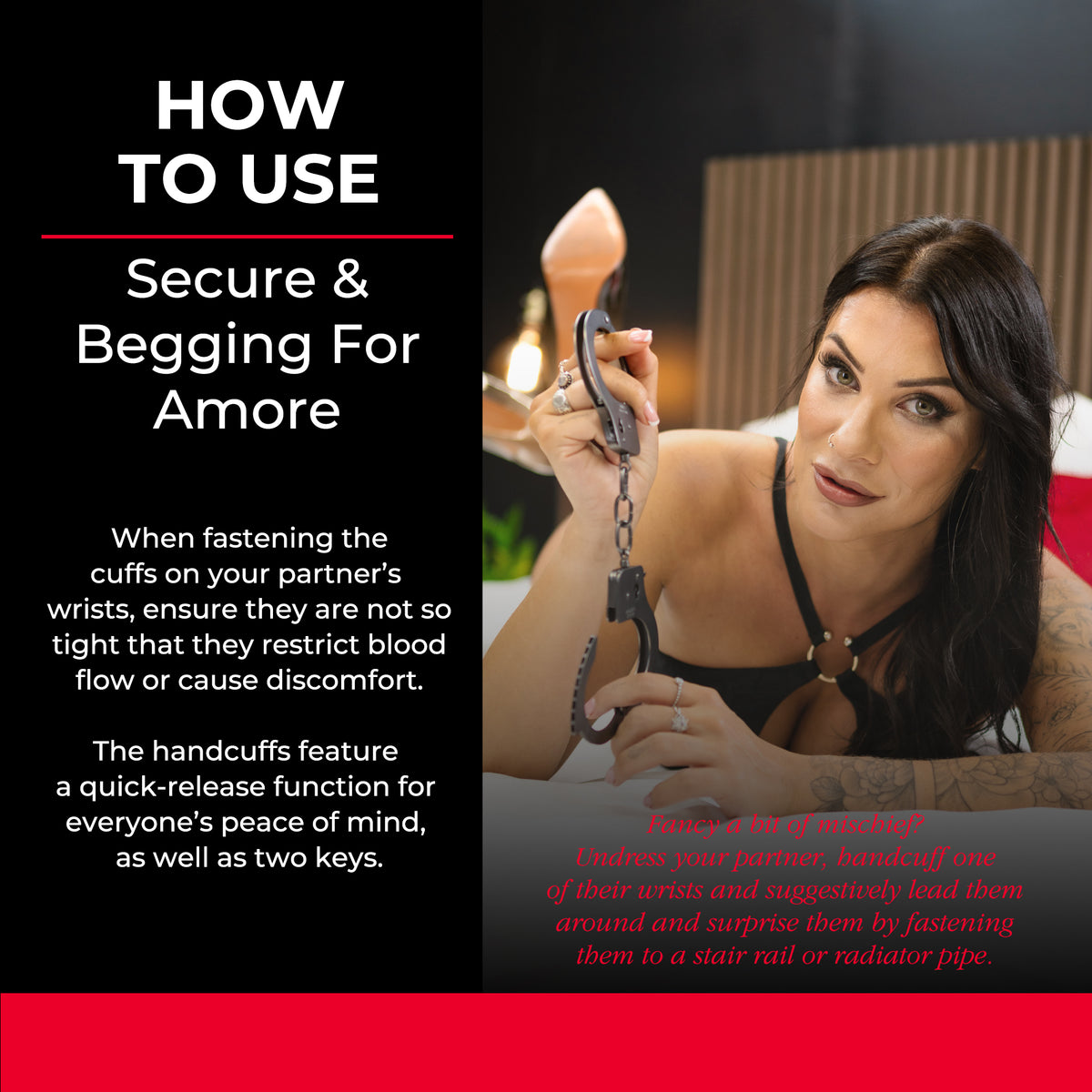 How to use Secure and Begging for Amore handcuffs: fasten comfortably, with quick-release and two keys