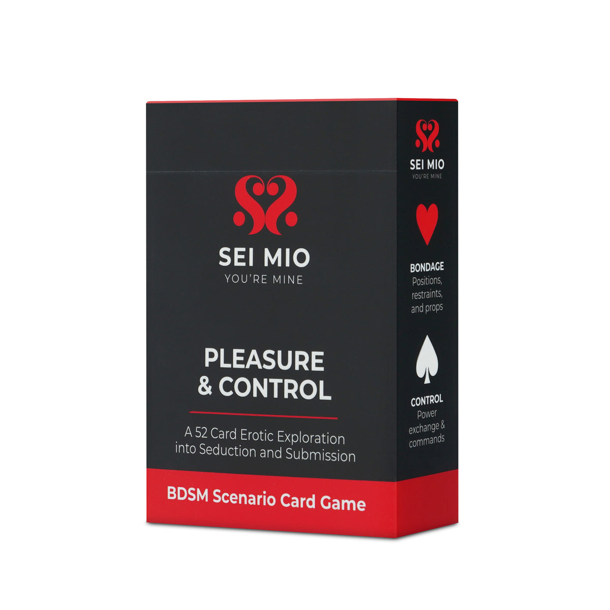 Pleasure & Control BDSM scenario card game box, angled left, showing the Bondage and Control suits
