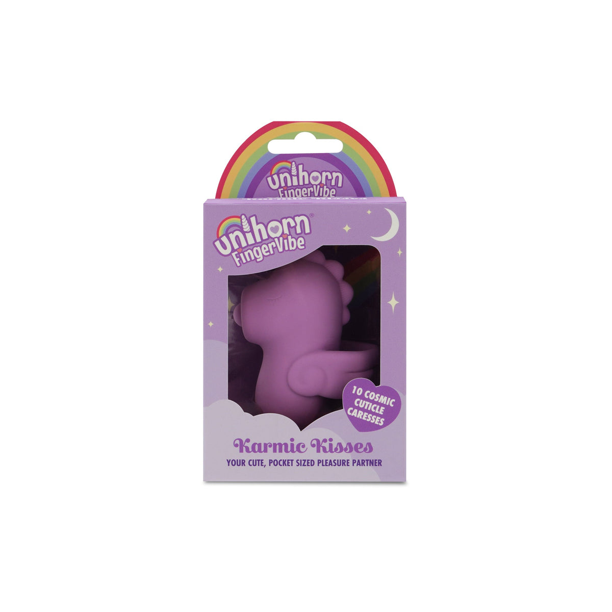 Unihorn Karmic Kisses finger vibrator in its packaging
