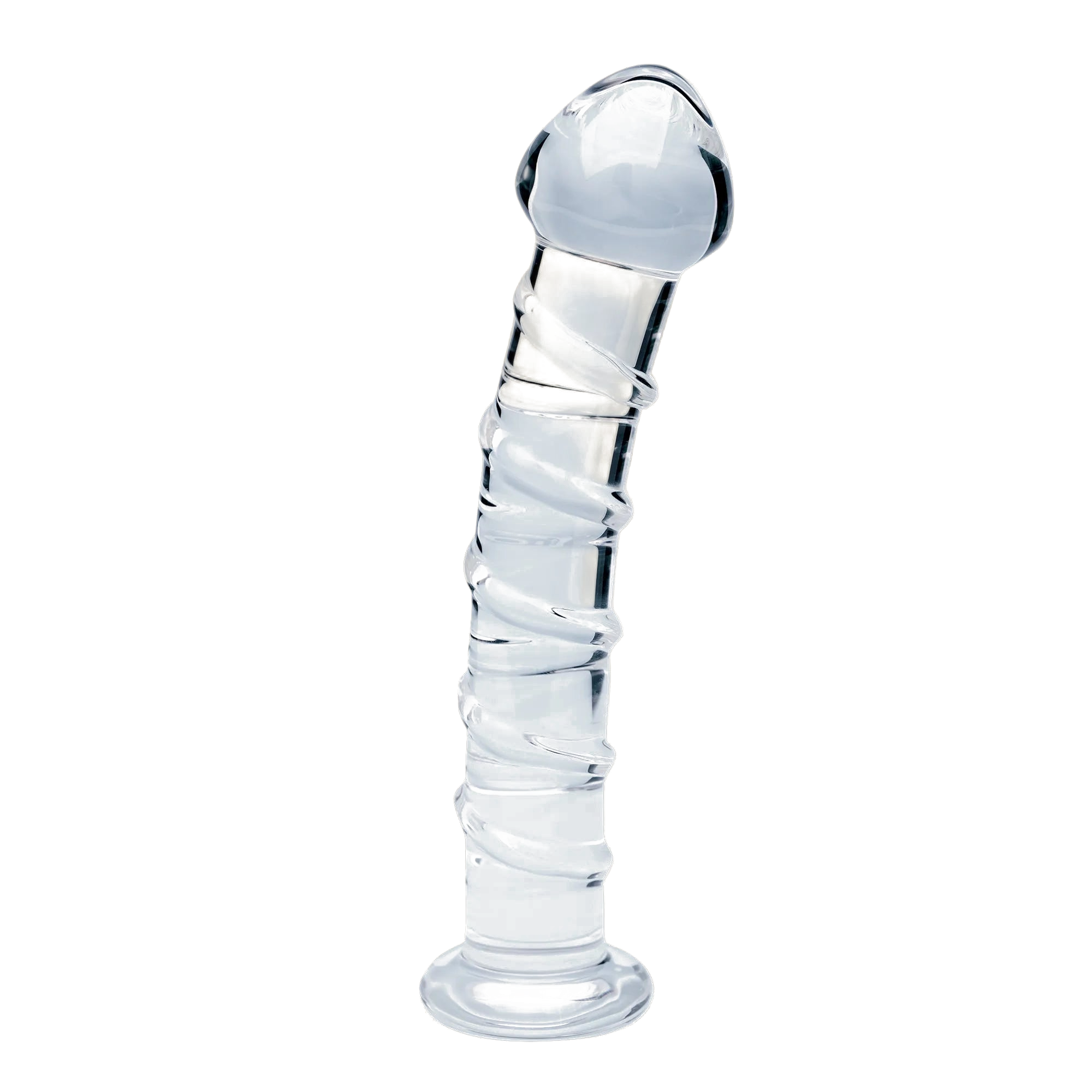 Clarity Seraphic Spiral hand-blown borosilicate glass dildo with spiral texture, transparent background
