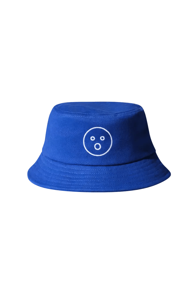 Blue bucket hat with a white smiley face design on a white background