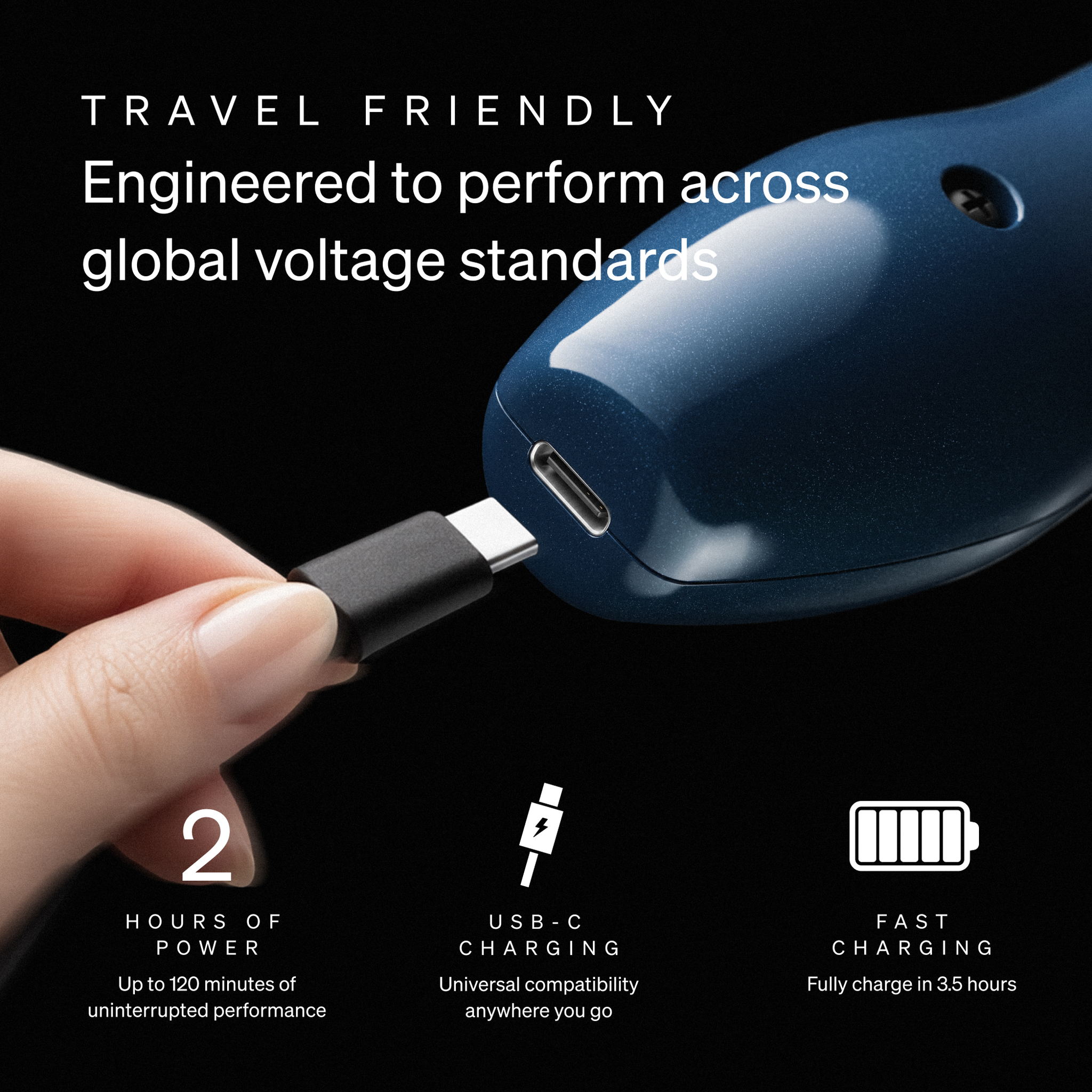 Doxy Die Cast Compact Cordless wand massager USB-C charging port, travel friendly and compatible with global voltage standards