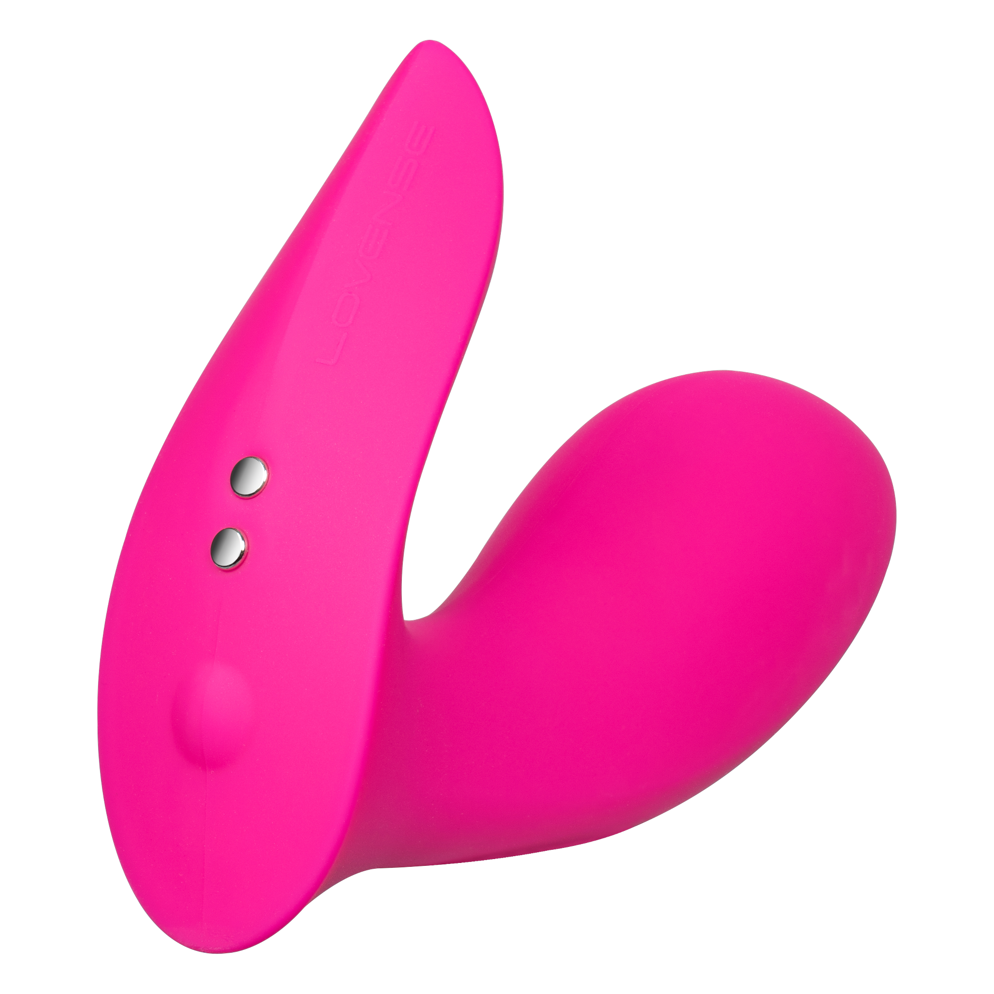 Lovense Flexer upright, showing the branded clitoral arm with its two metal control buttons and the tapered insertable head