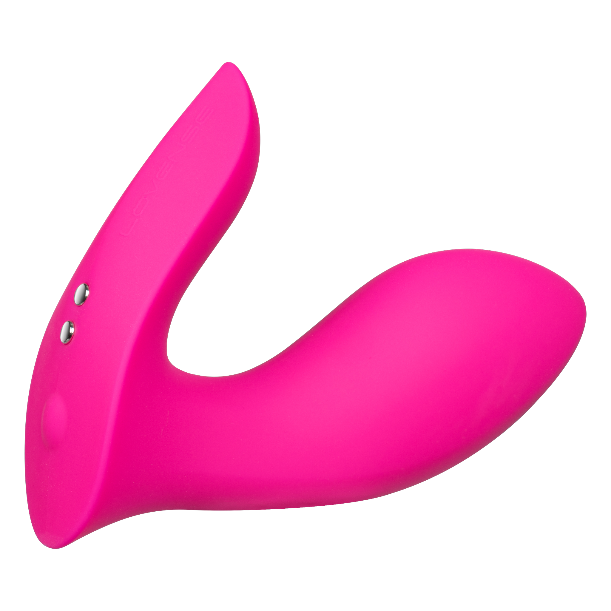 Lovense Flexer wearable panty vibrator in pink, angled view showing the curved insertable G-spot arm and external clitoral arm with control buttons