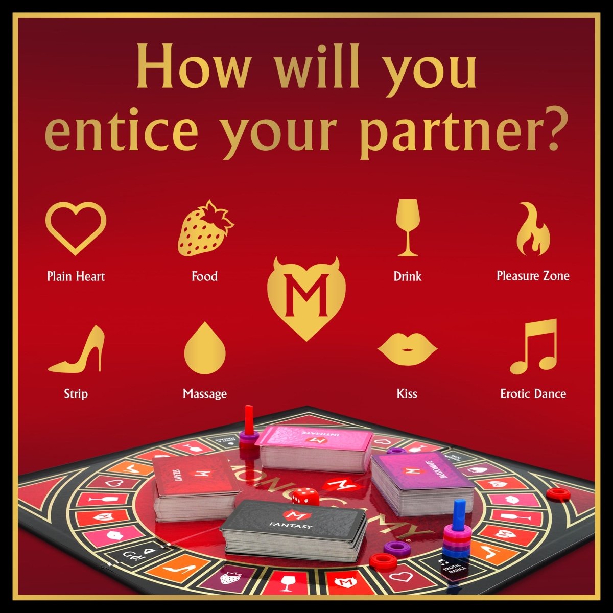 Monogamy board square icons including heart, food, drink, kiss, massage, strip and erotic dance