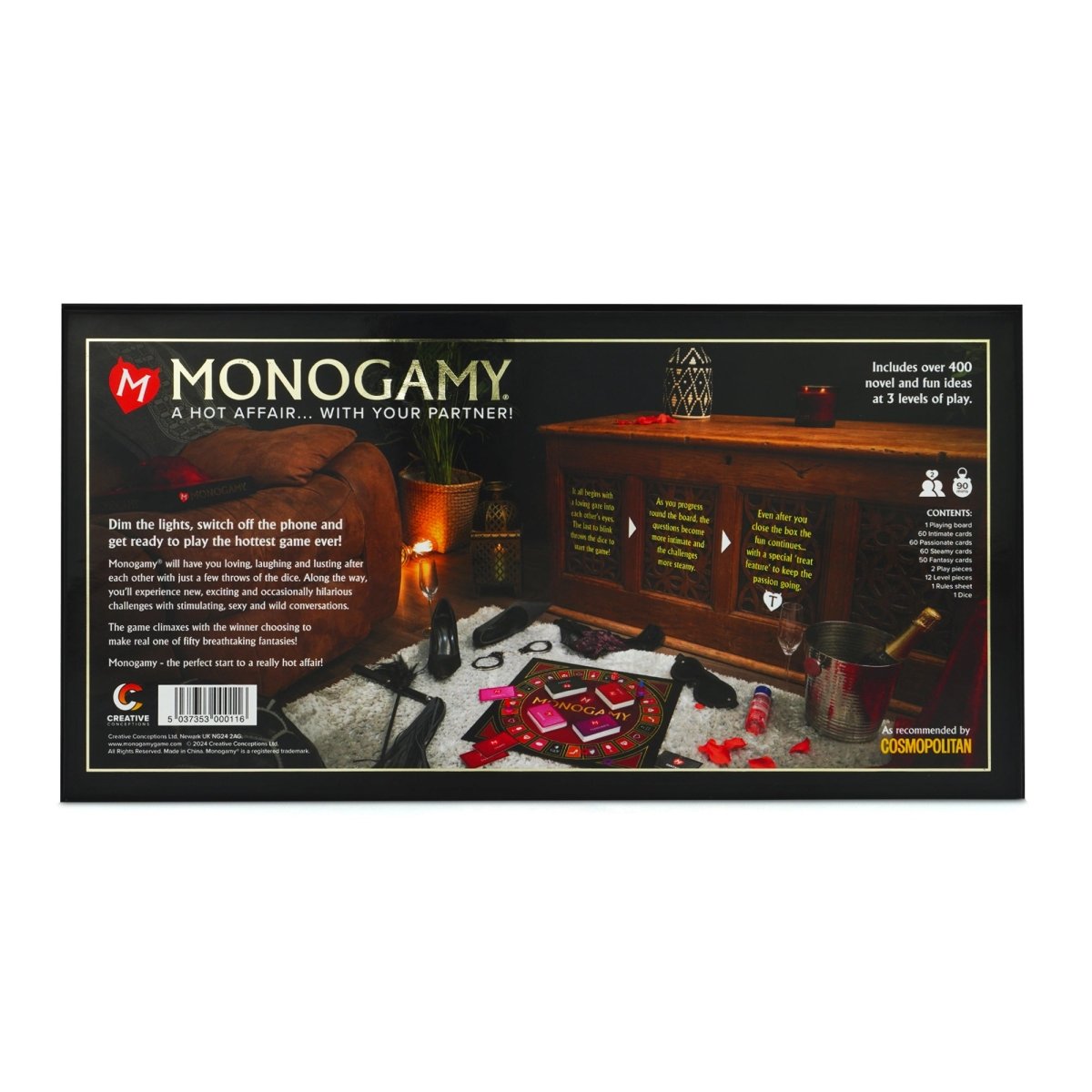 Back of the Monogamy box listing contents: board, 180 level cards, 50 Fantasy cards, pieces and dice