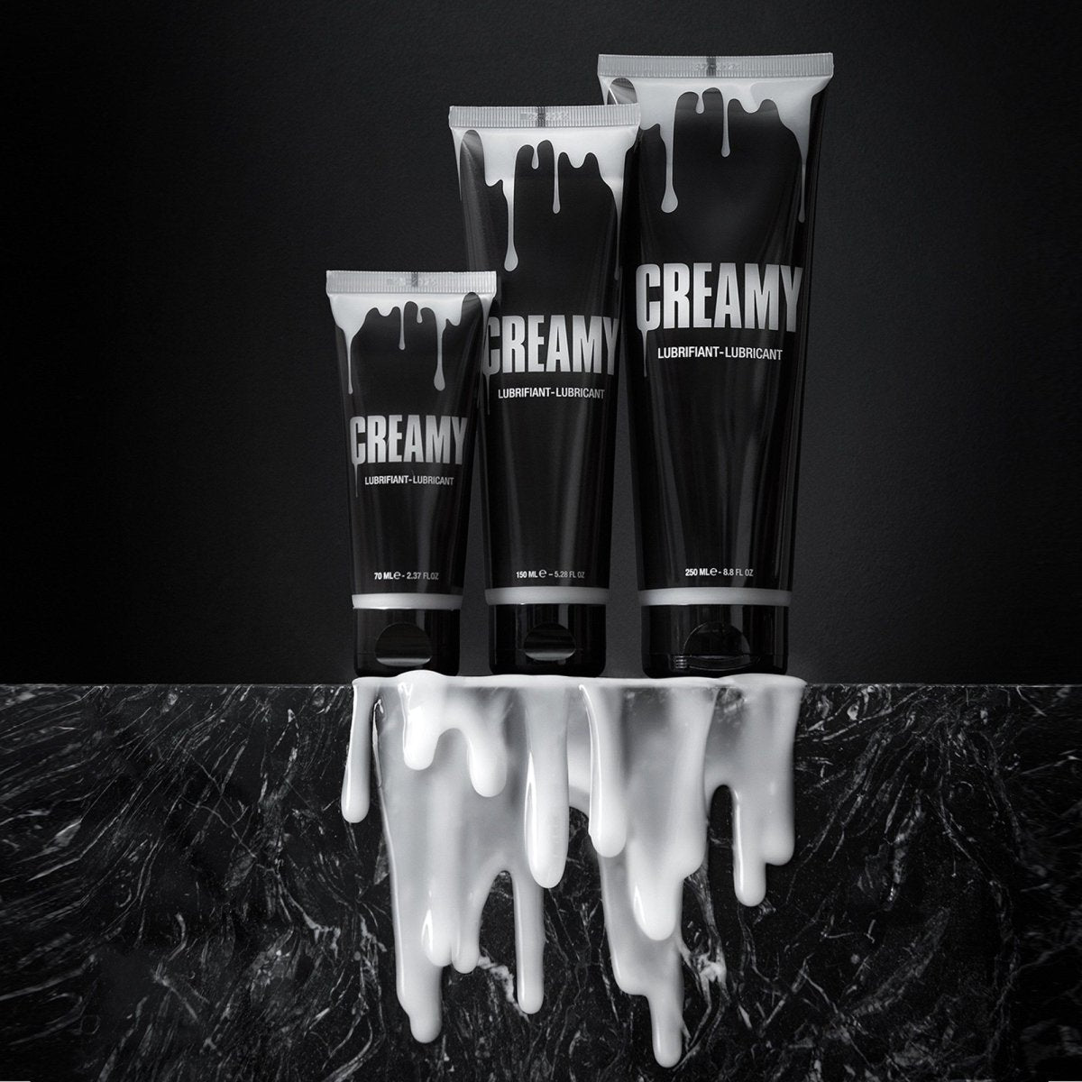 Strap On Me Creamy Fake Cum Lube, all three tube sizes