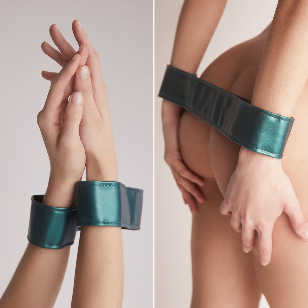 Strap On Me Curious Faux Leather Harness in Metallic Green, second belt used as wrist cuffs