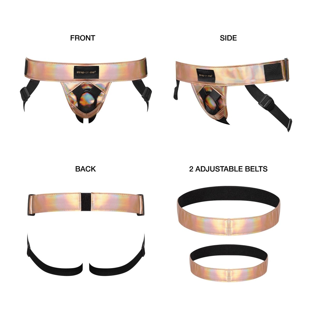 Strap On Me Curious Faux Leather Harness in Rose Gold Holographic, front, side, back views and two adjustable belts