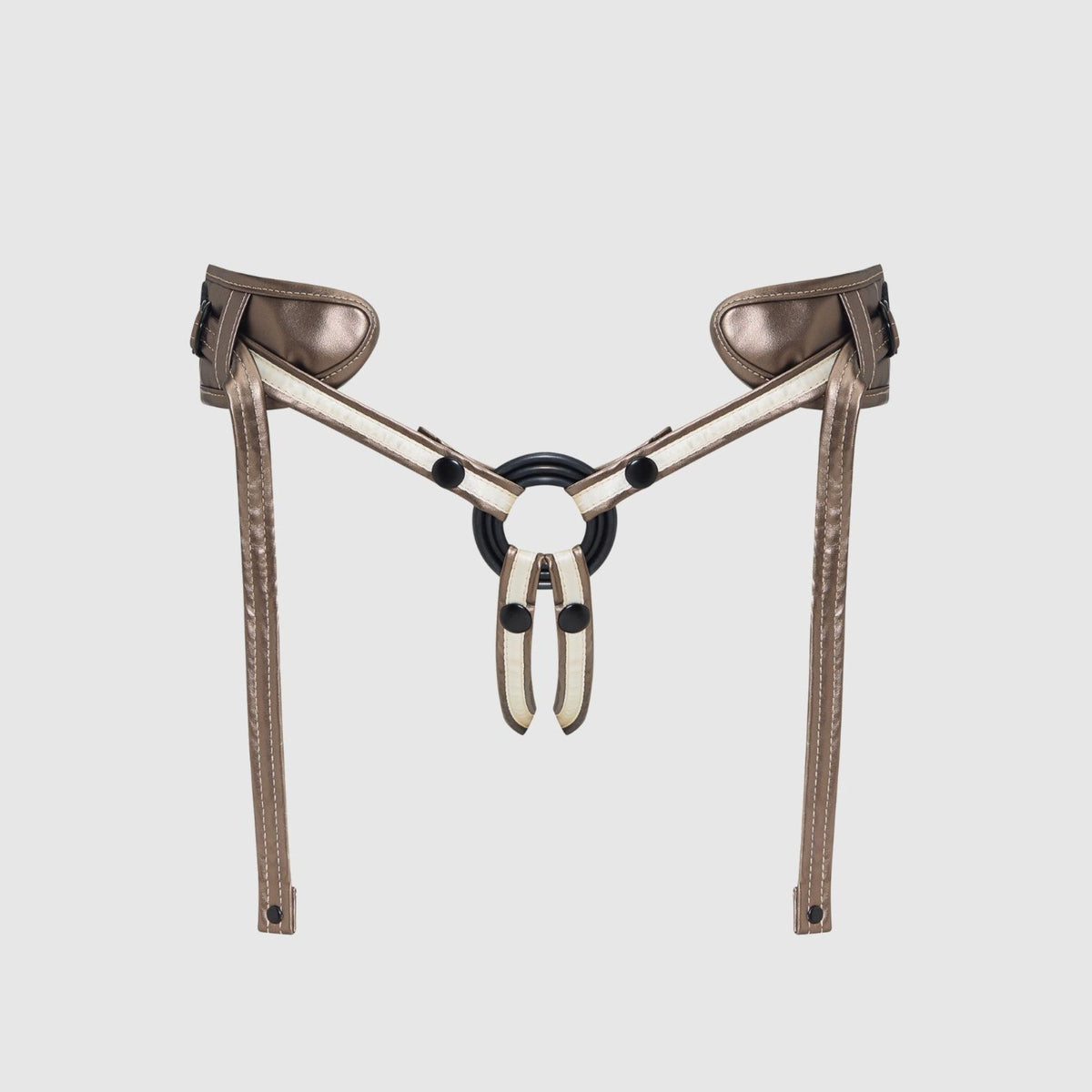 Strap On Me Desirous Faux Leather Harness in Golden Bronze, front view showing the three rings