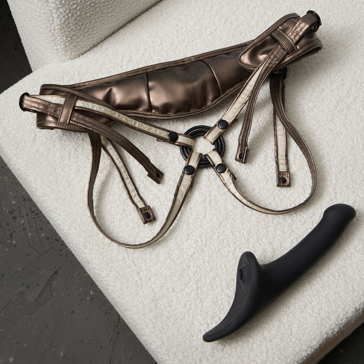 Strap On Me Desirous Faux Leather Harness in Golden Bronze, with the Multi Orgasm Dildo