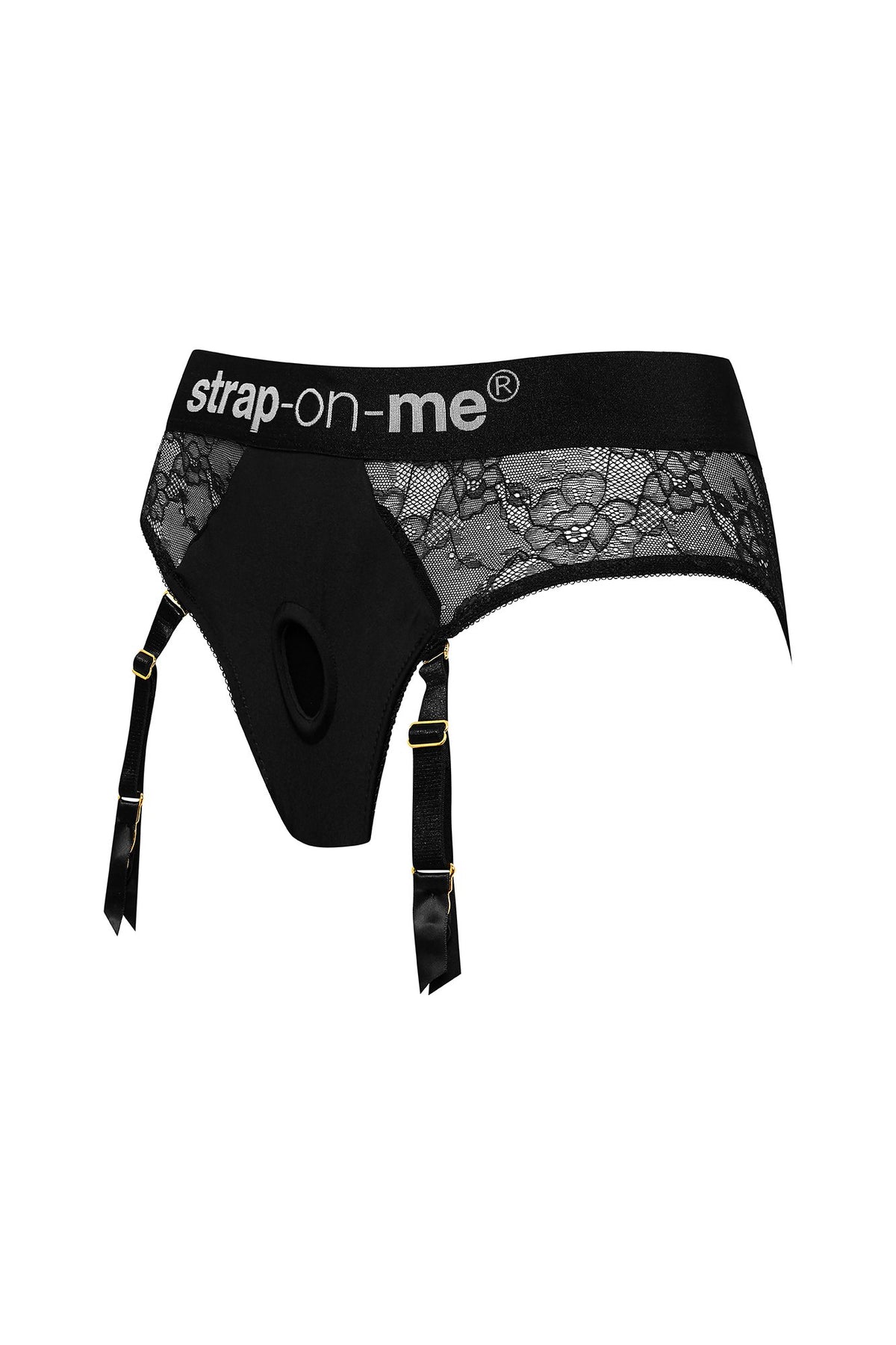 Strap On Me Diva Lingerie Harness in Black, angled view with garters