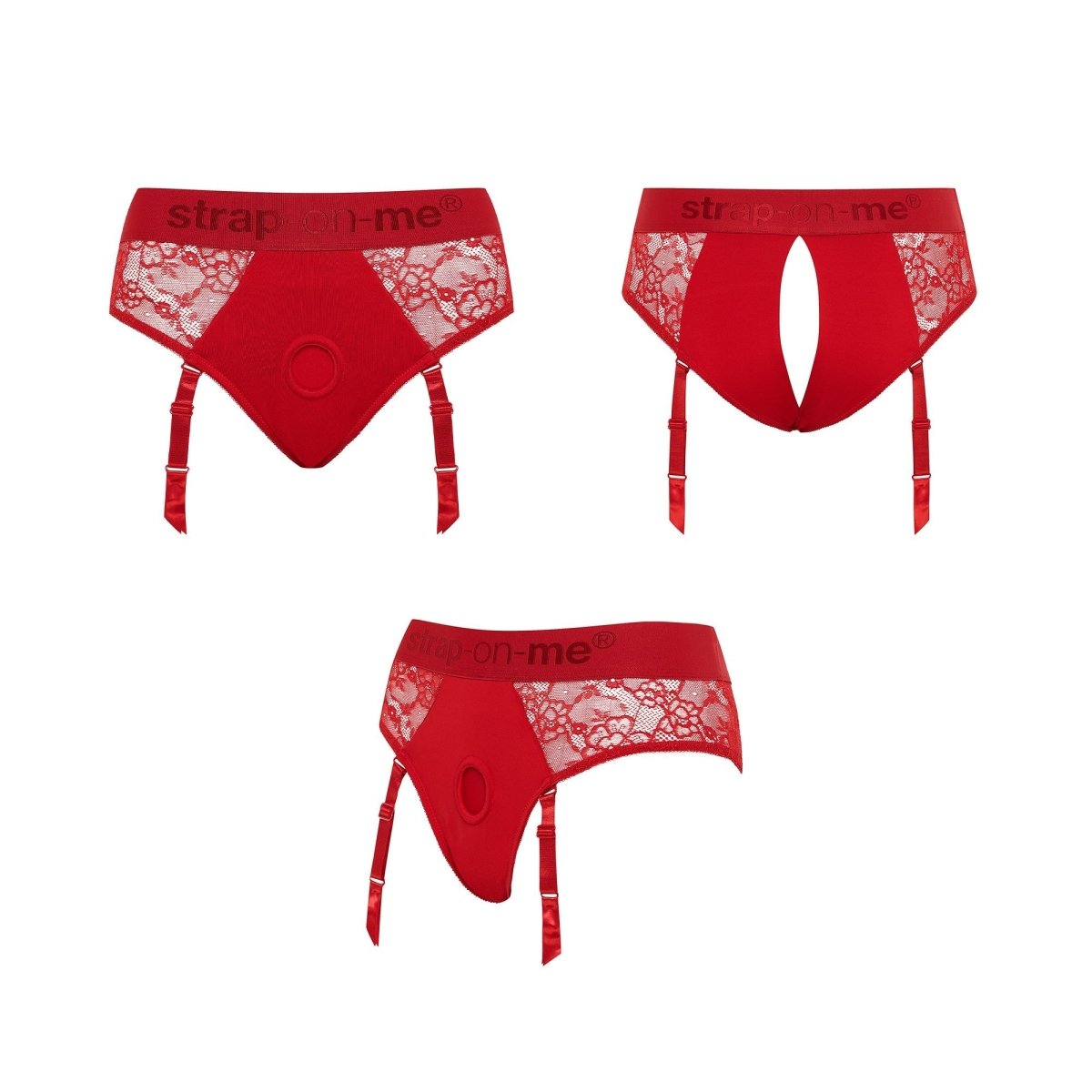 Strap On Me Diva Lingerie Harness in Red, front, back and side views