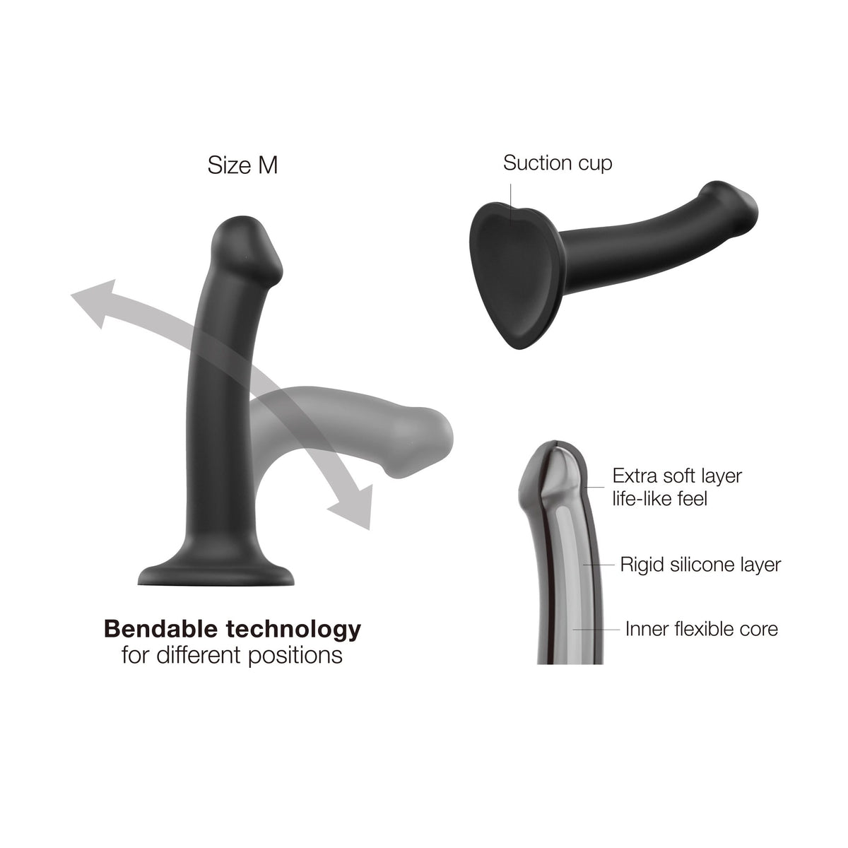 Strap On Me Dual Density Bendable Dildo, bendable shape memory, suction cup and dual-density layers explained