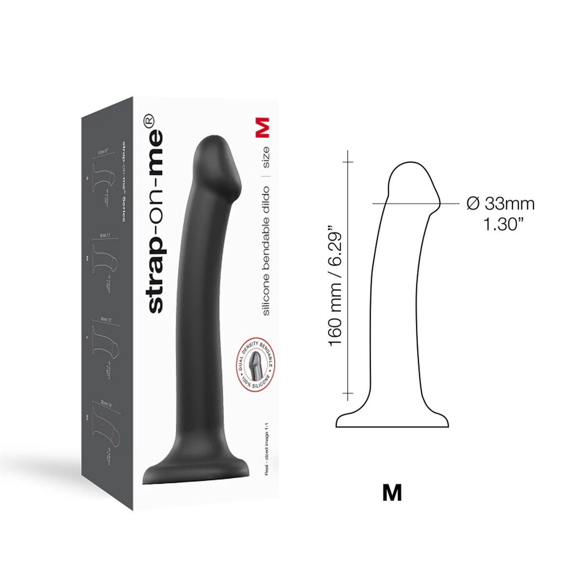 Strap On Me Dual Density Bendable Dildo, retail box with size M dimensions
