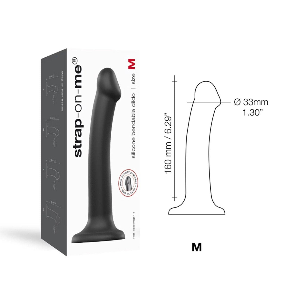 Strap On Me Dual Density Bendable Dildo, retail box with size M dimensions