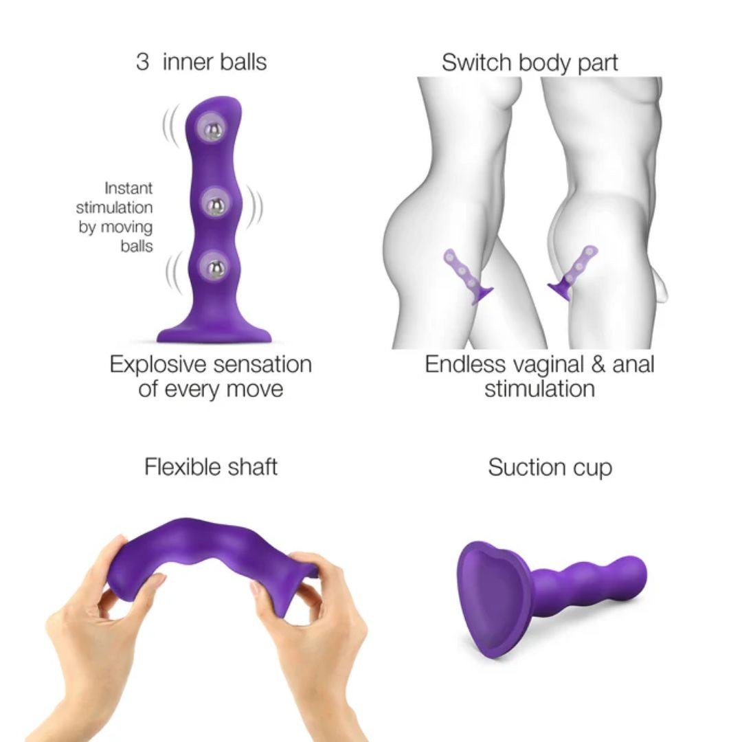 Strap On Me Geisha Balls Dildo in Purple, three inner balls, flexible shaft and suction cup explained
