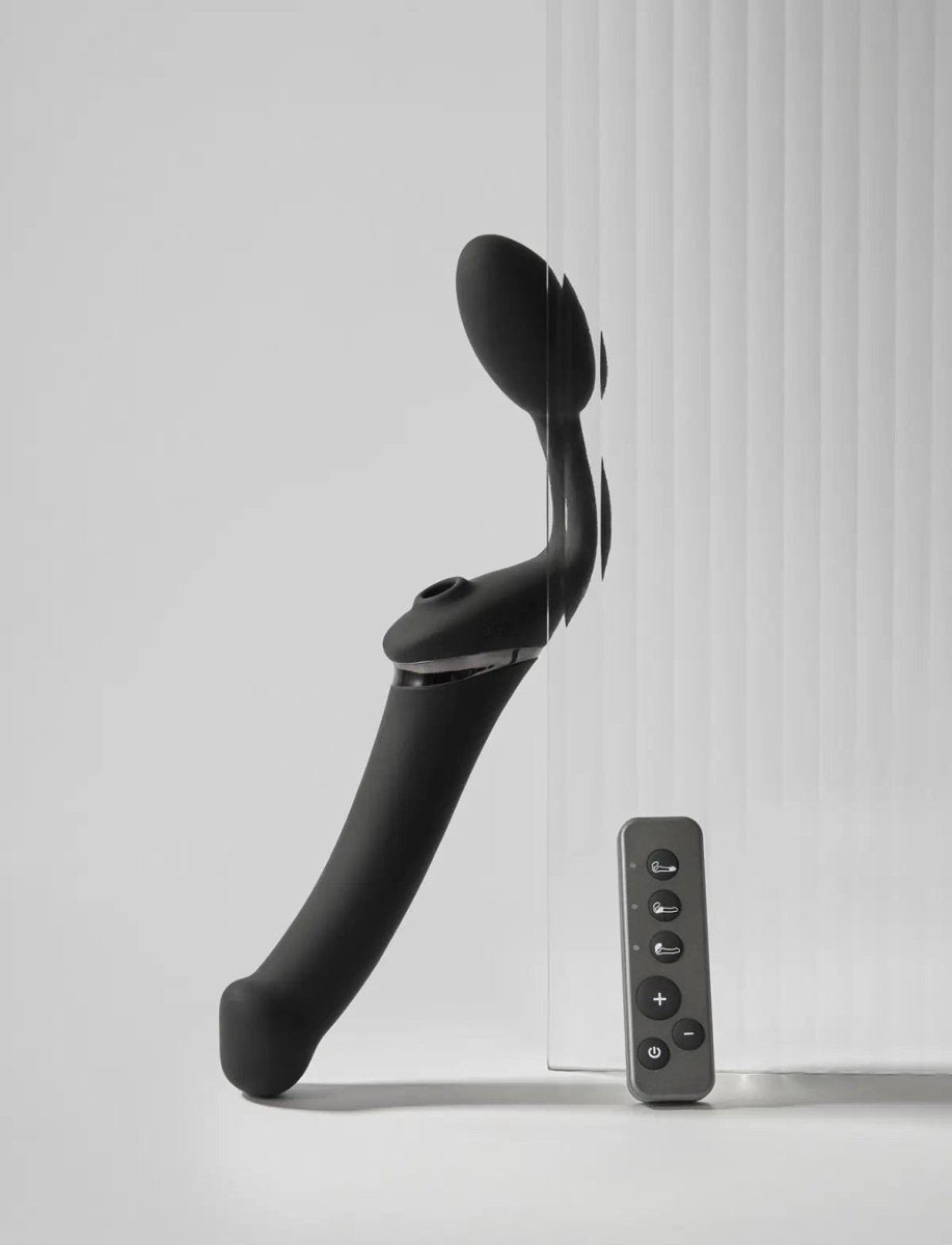 Strap On Me Multi Orgasm Bendable Strap-On in Black, with its remote control