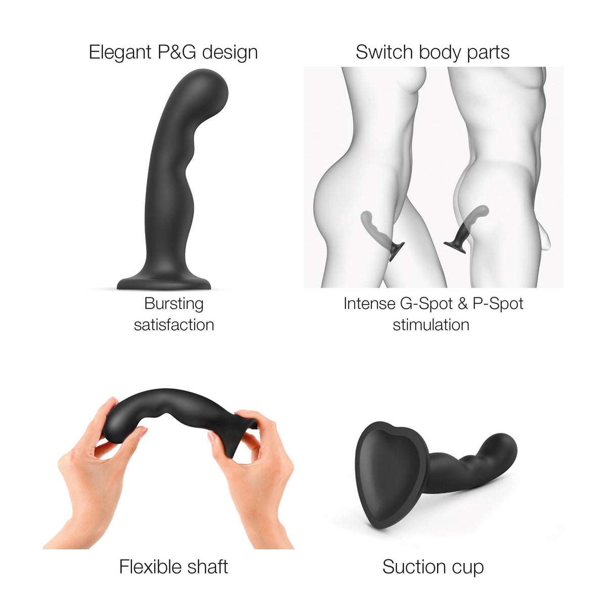 Strap On Me P&G Dildo Plug, curved design, flexible shaft and suction cup explained