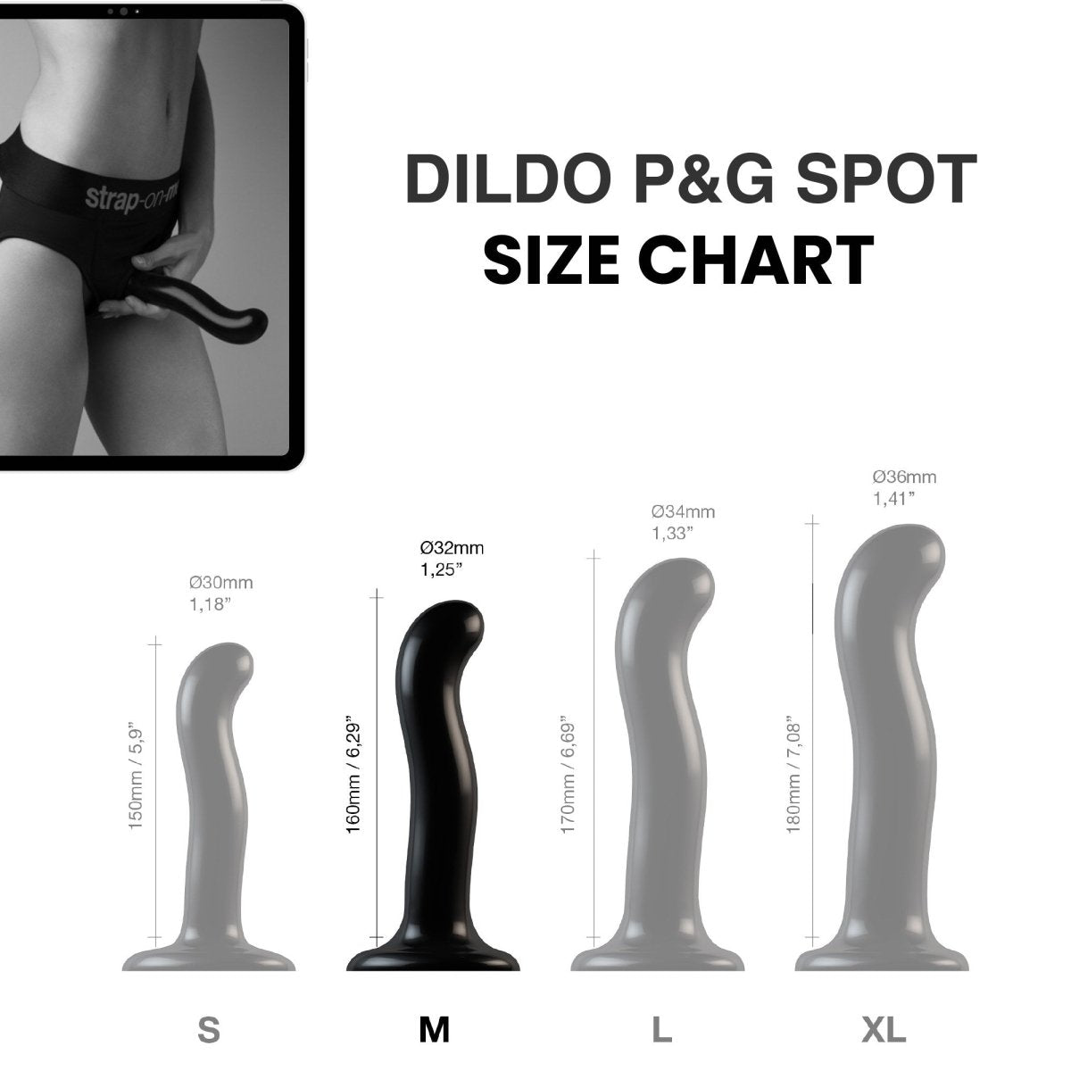 Strap On Me P&G Spot Dildo, size chart