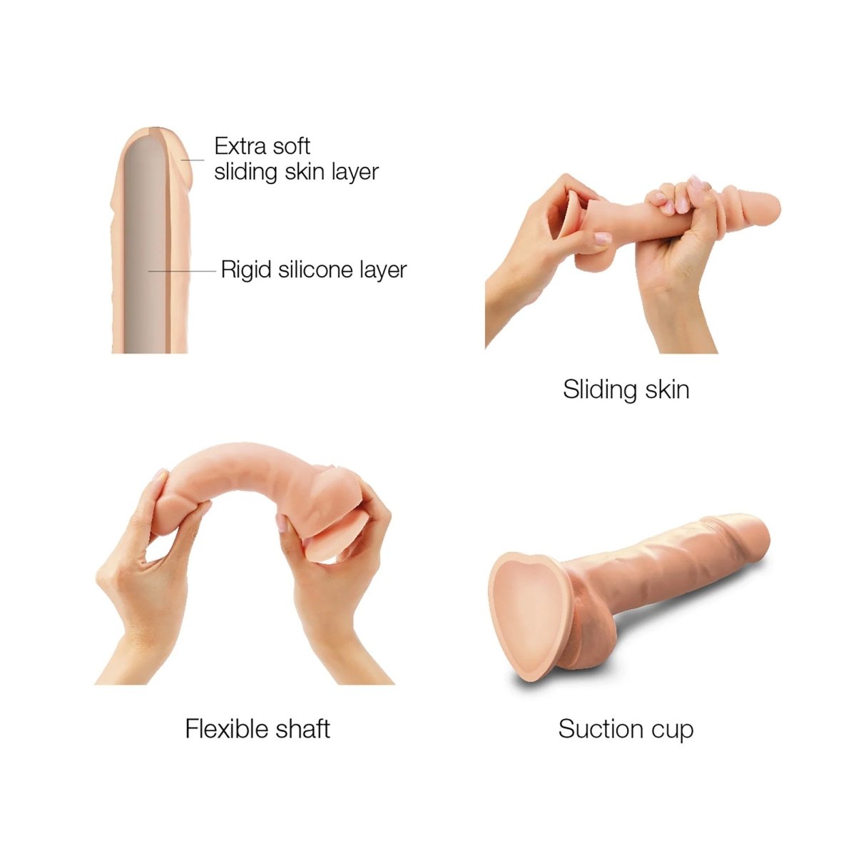 Strap On Me Sliding Skin Realistic Dildo in Vanilla, sliding skin layer, flexible shaft and suction cup explained