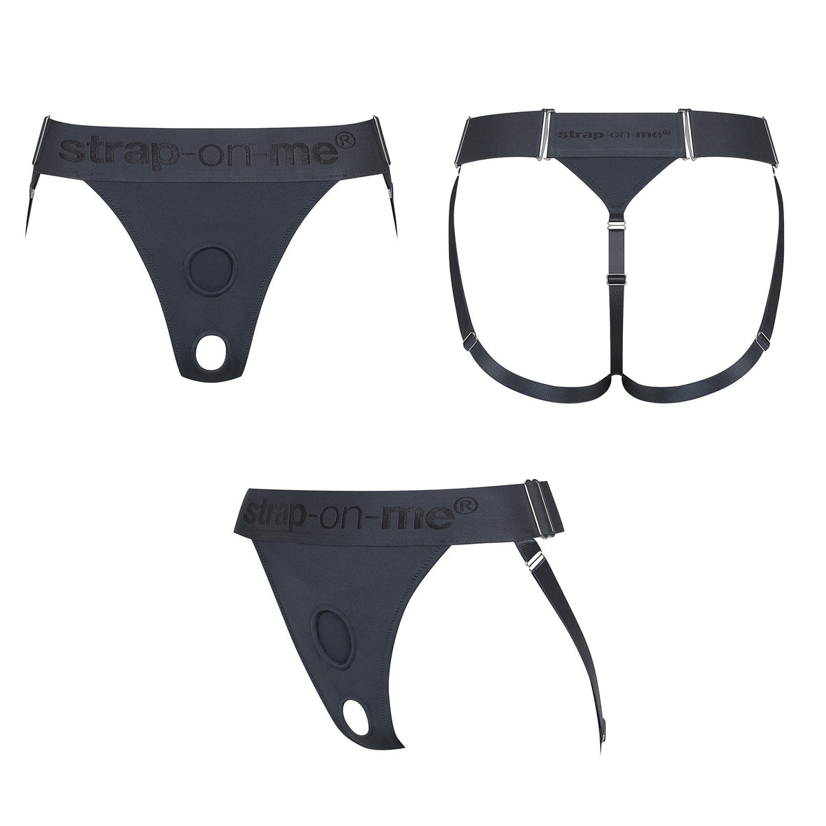 Strap On Me Unique Lingerie Harness in Grey, front, back and side views