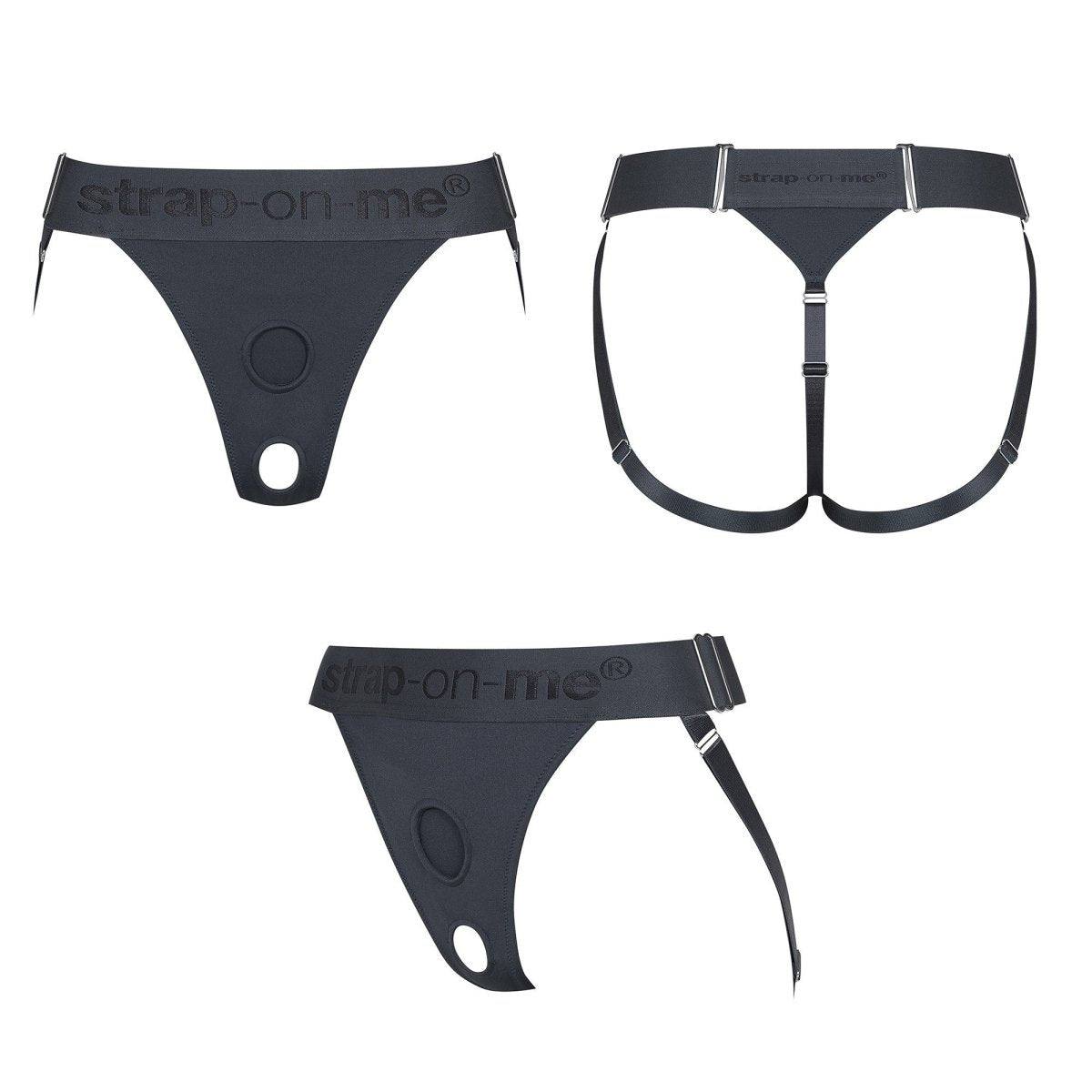 Strap On Me Unique Lingerie Harness in Grey, front, back and side views