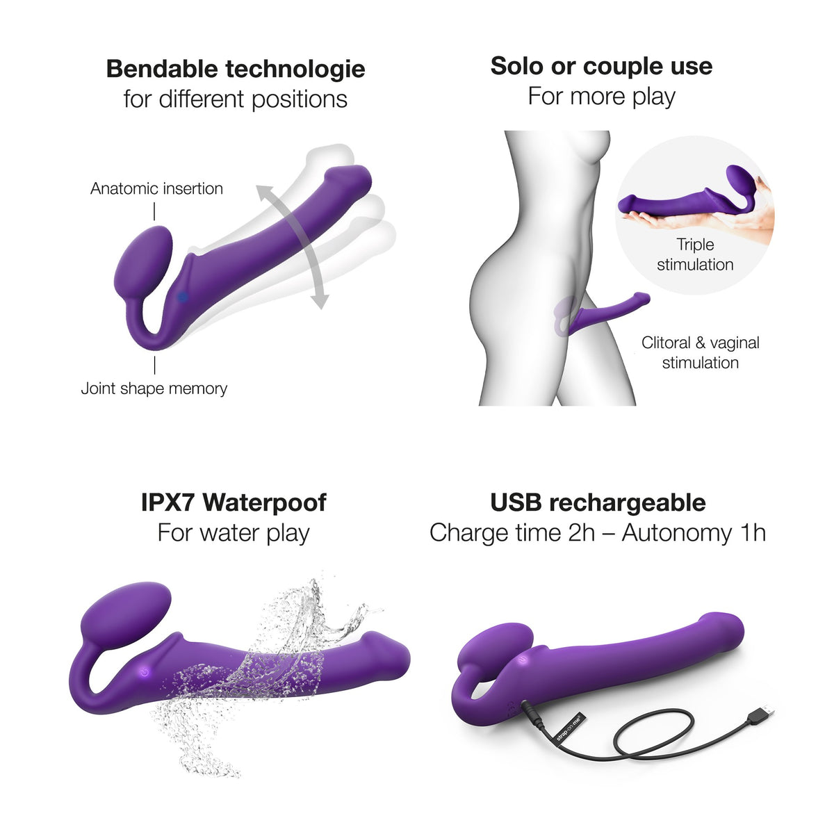 Strap On Me Vibrating Bendable Strap-On in Purple, bendable, waterproof and USB rechargeable features
