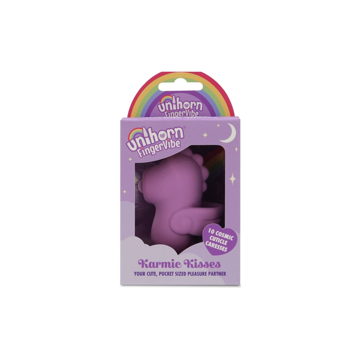 Unihorn Karmic Kisses finger vibrator in its packaging
