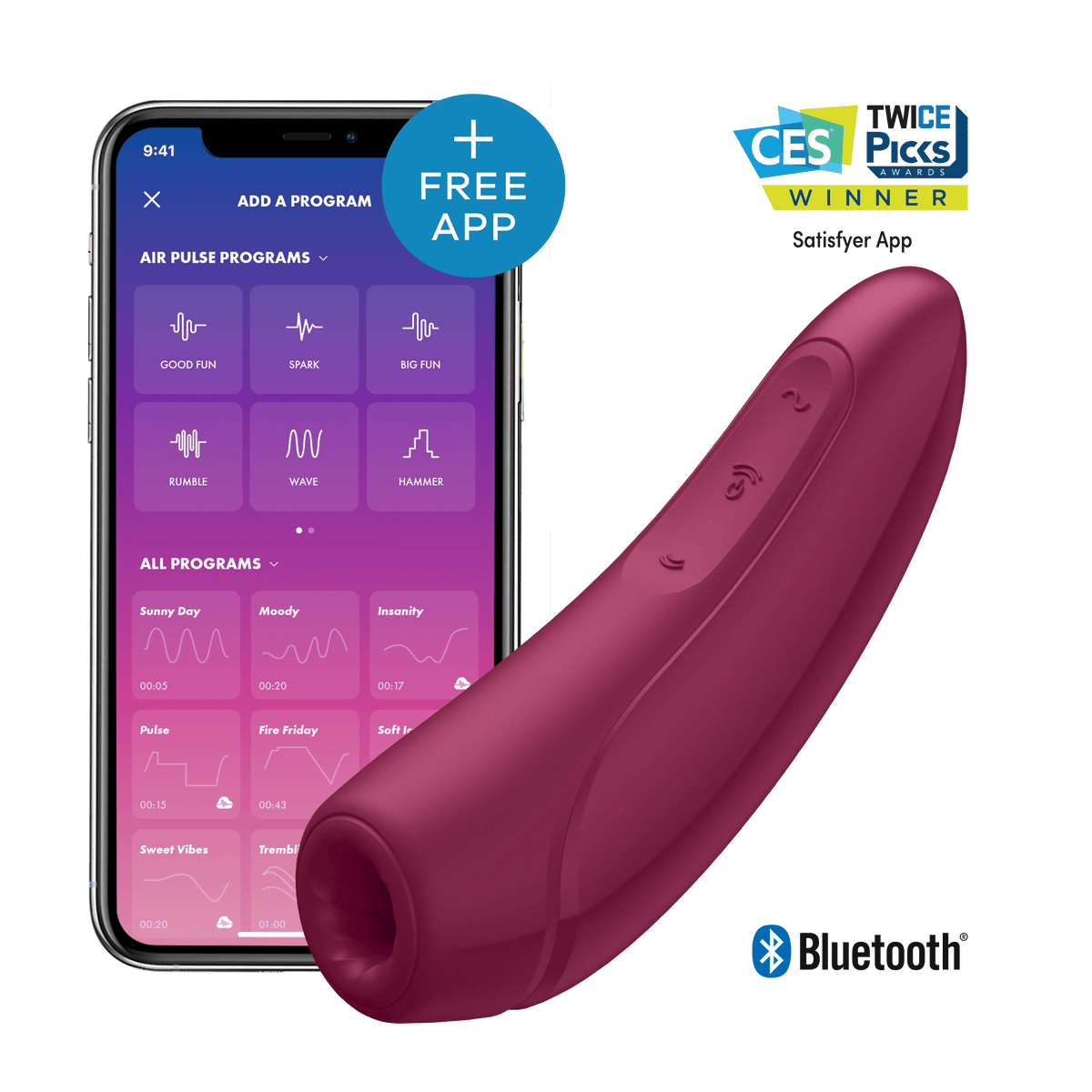 Satisfyer Curvy 1 Plus in red with companion app screen, CES Twice Picks award badge and Bluetooth icon