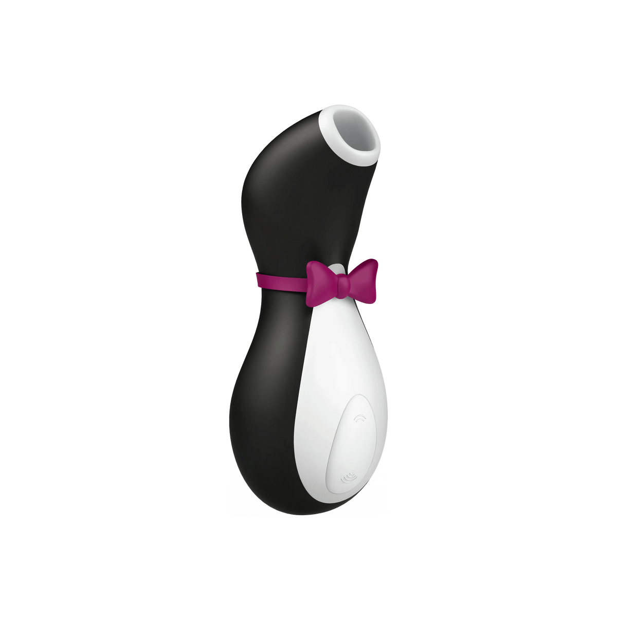 Satisfyer Penguin air pulse stimulator, angled view showing the stimulation head and bow tie