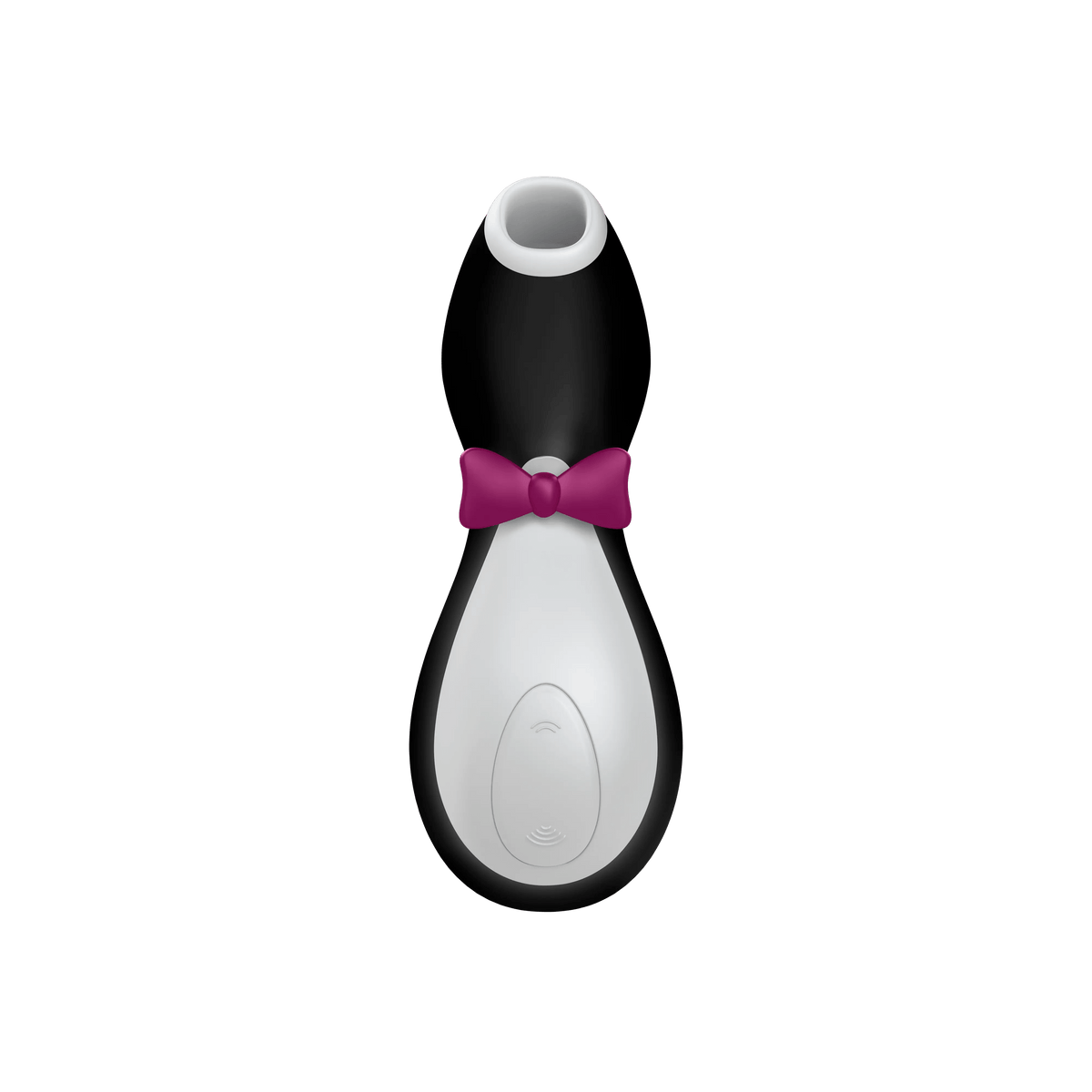 Satisfyer Penguin air pulse stimulator, front view with white belly and control button