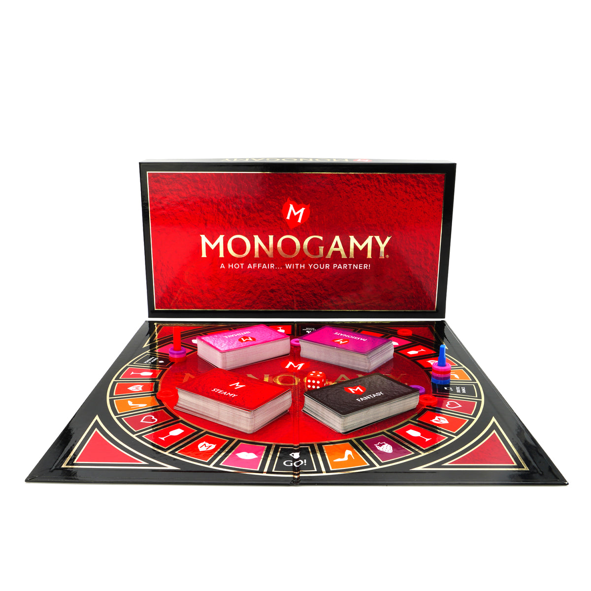 Monogamy game box and board set up front-on with Intimate, Passionate, Steamy and Fantasy card decks