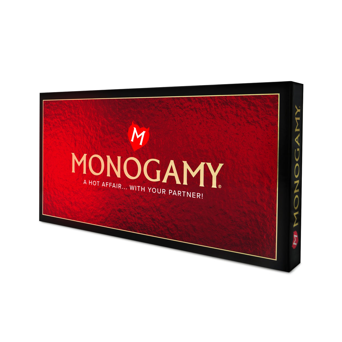 Monogamy revised edition box, red with gold lettering, angled left