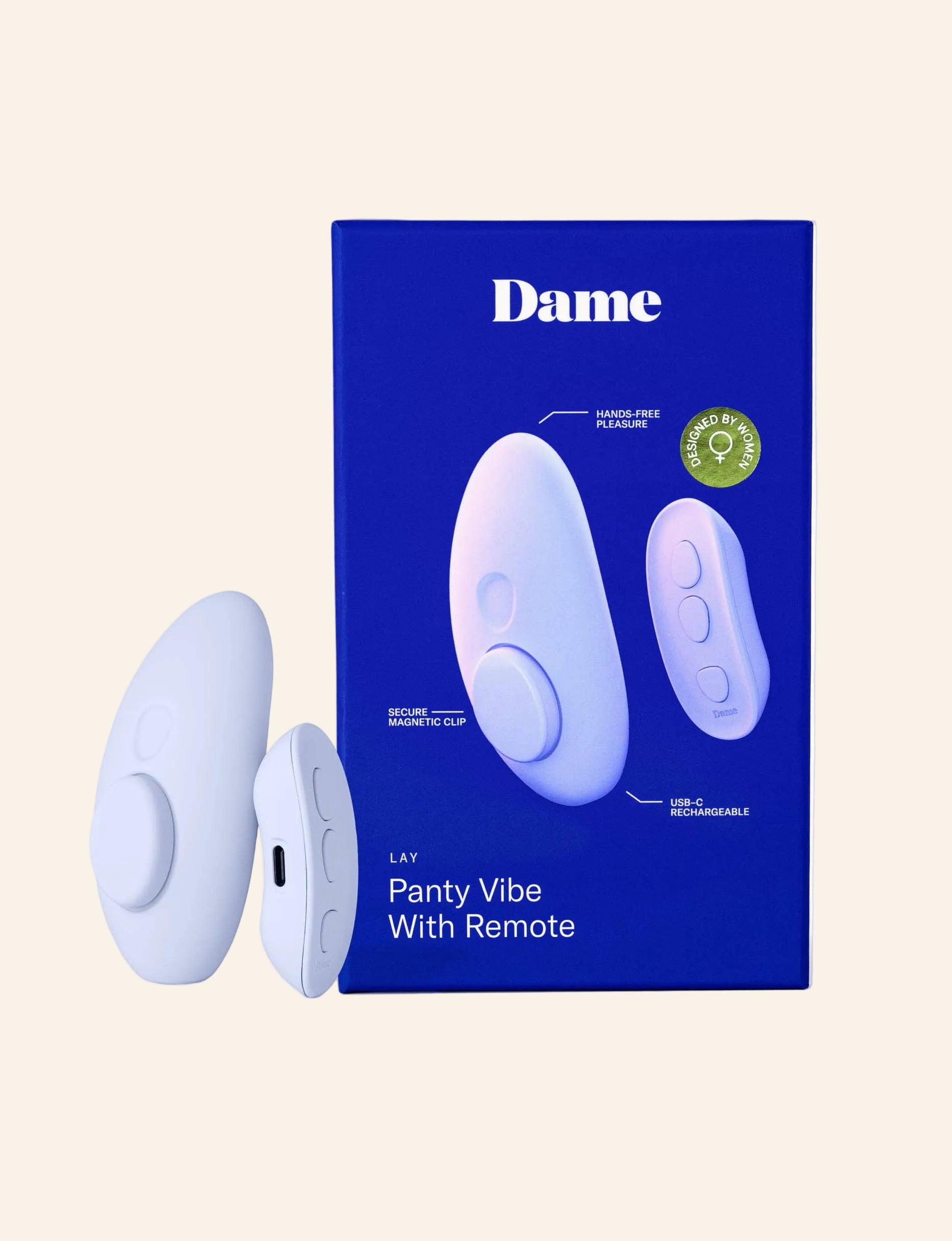 Dame Lay Panty vibe with remote and packaging on a white background
