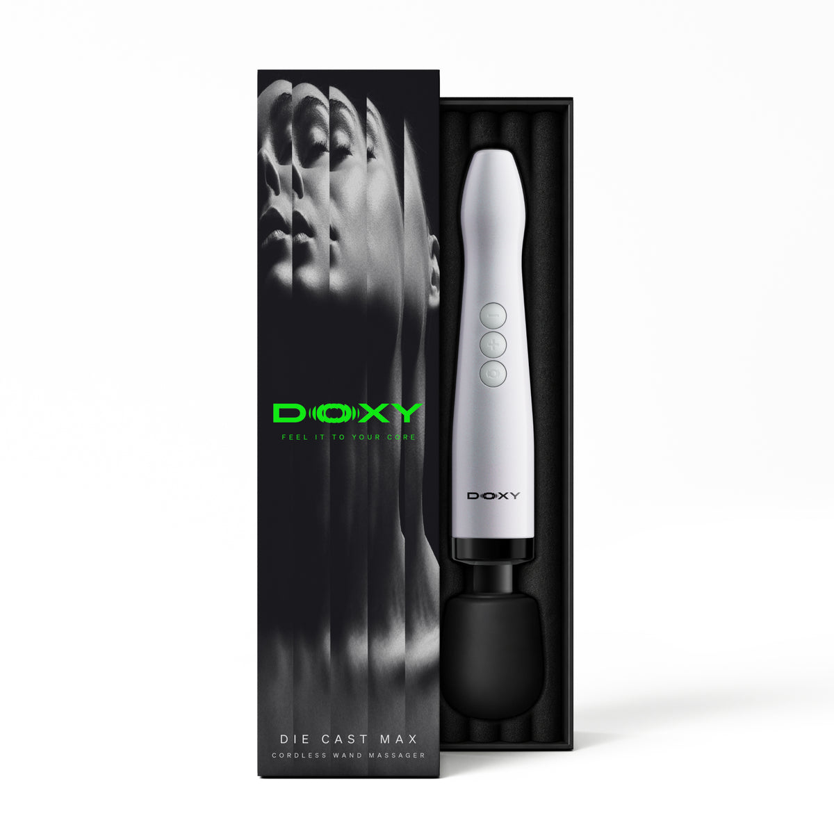 Doxy Die Cast Max Cordless wand massager in White next to its retail packaging box