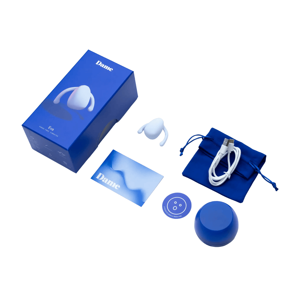 Dame Eva wearable clitoral vibrator with travel case and accessories