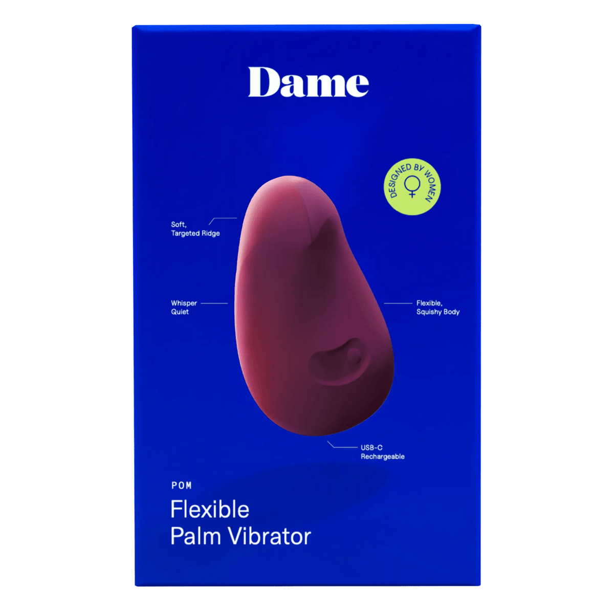 Dame Pom vibrator held in the palm of a hand to show its size