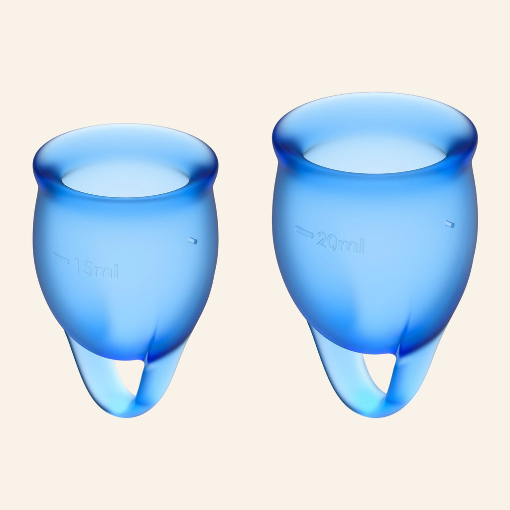 Satisfyer Feel Confident menstrual cups in dark blue, 15ml and 20ml sizes