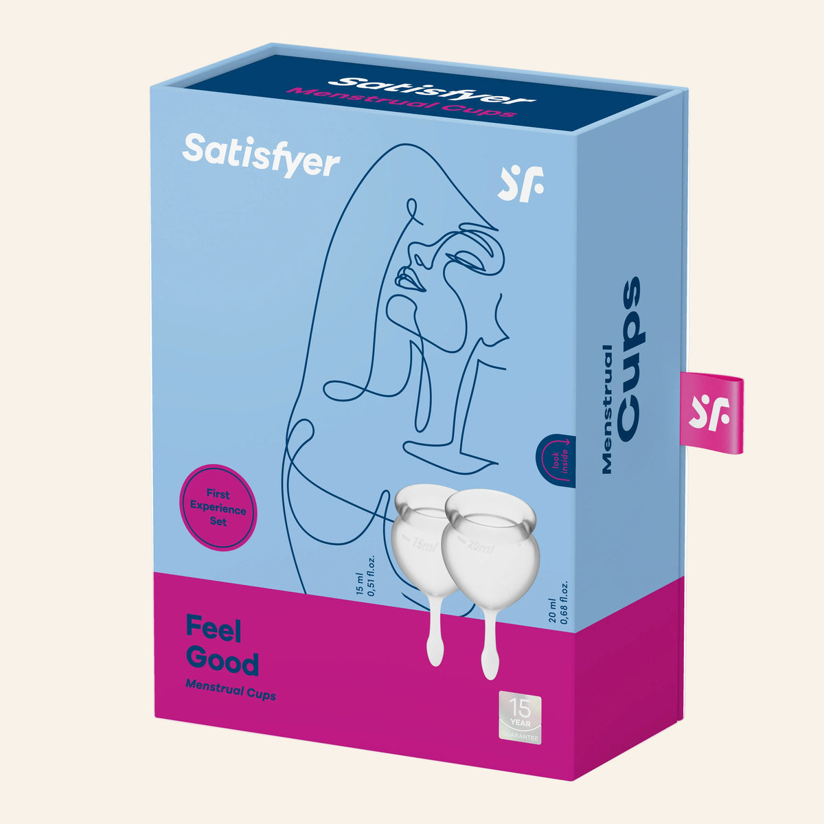 Satisfyer Menstrual Cups packaging with blue and pink design on a white background