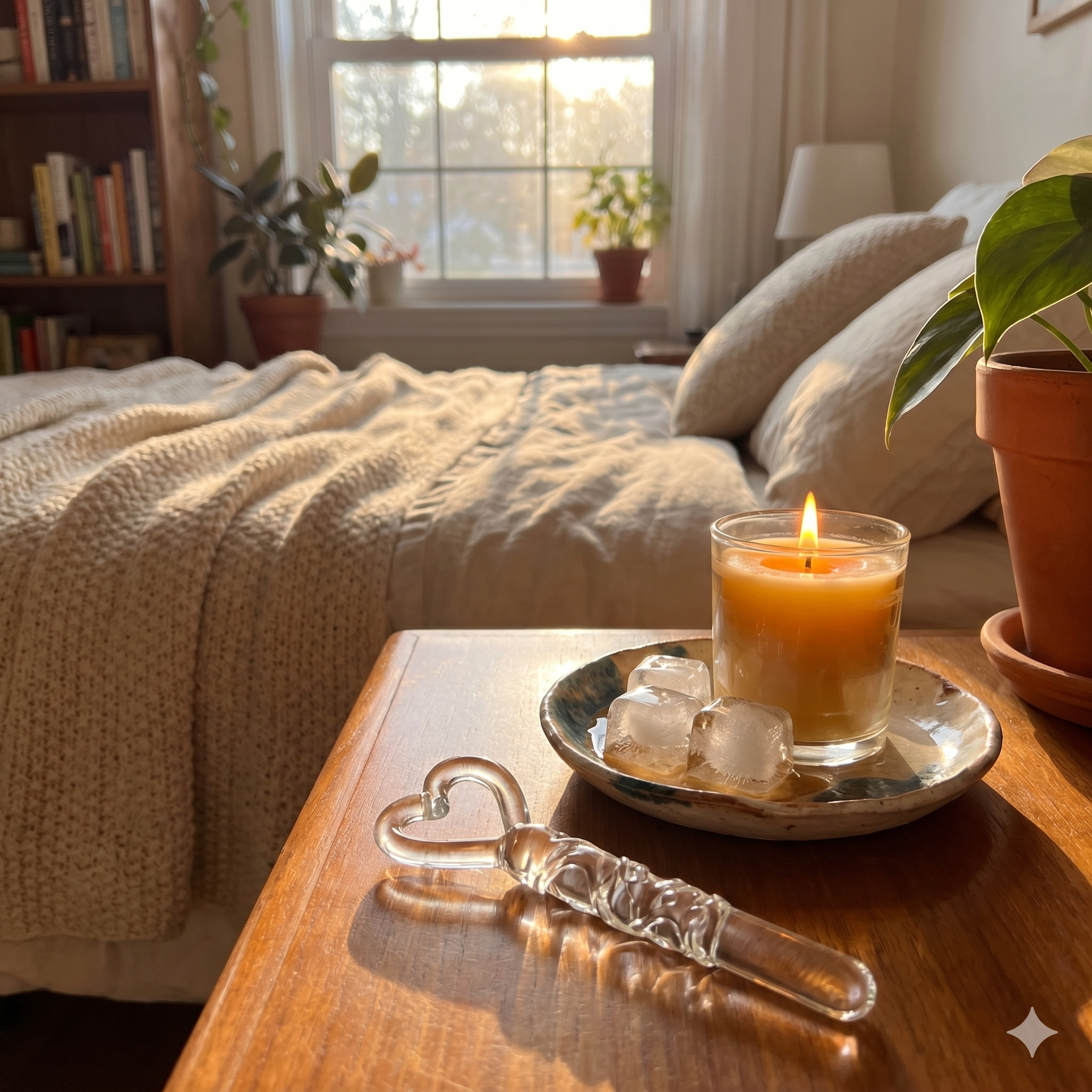 Clairty Hera with ice and a candle in a warm bedroom