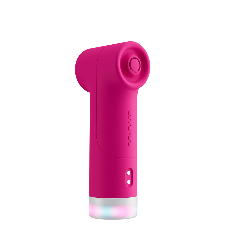 Lovense Fizz pink suction and tapping clitoral vibrator, angled view of the suction head