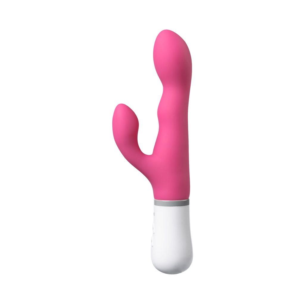 Lovense Nora rabbit vibrator in pink with a white handle, side view showing the wave-shaped G-spot shaft and curved clitoral arm