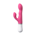 Lovense Nora rabbit vibrator in pink with a white handle, side view showing the wave-shaped G-spot shaft and curved clitoral arm