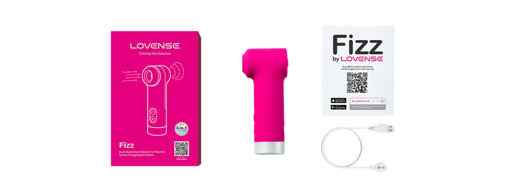 Lovense Fizz box contents: vibrator, retail box, quick start card and magnetic USB charging cable